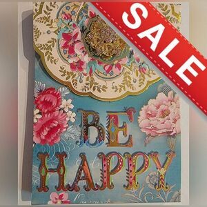 Punch Studio “BE HAPPY” Floral Jeweled Gold Pink Brooch Pocket #Notepad Holder